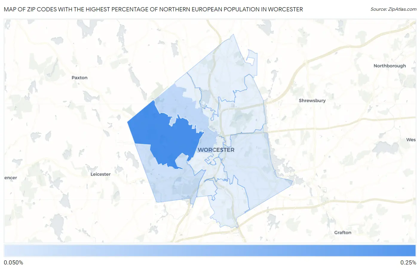 Zip Codes with the Highest Percentage of Northern European Population in Worcester Map