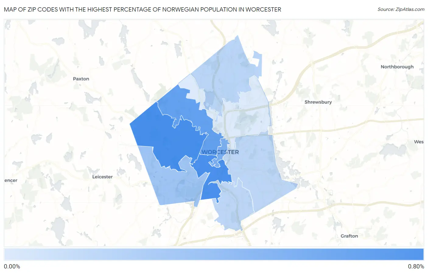 Zip Codes with the Highest Percentage of Norwegian Population in Worcester Map
