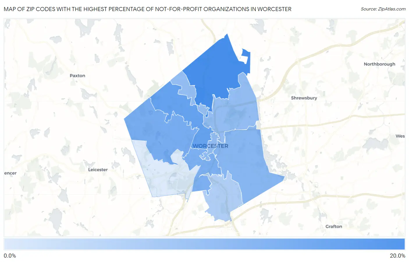 Zip Codes with the Highest Percentage of Not-for-profit Organizations in Worcester Map