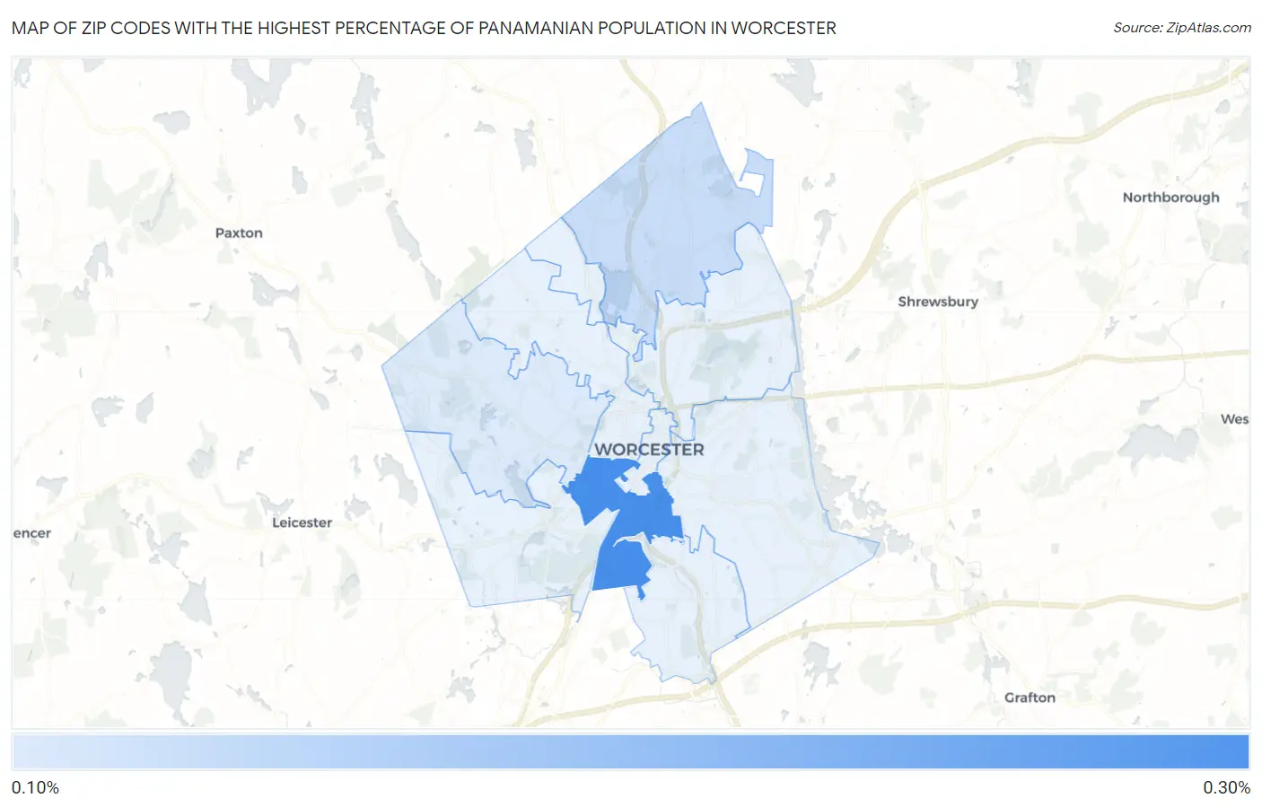Zip Codes with the Highest Percentage of Panamanian Population in Worcester Map