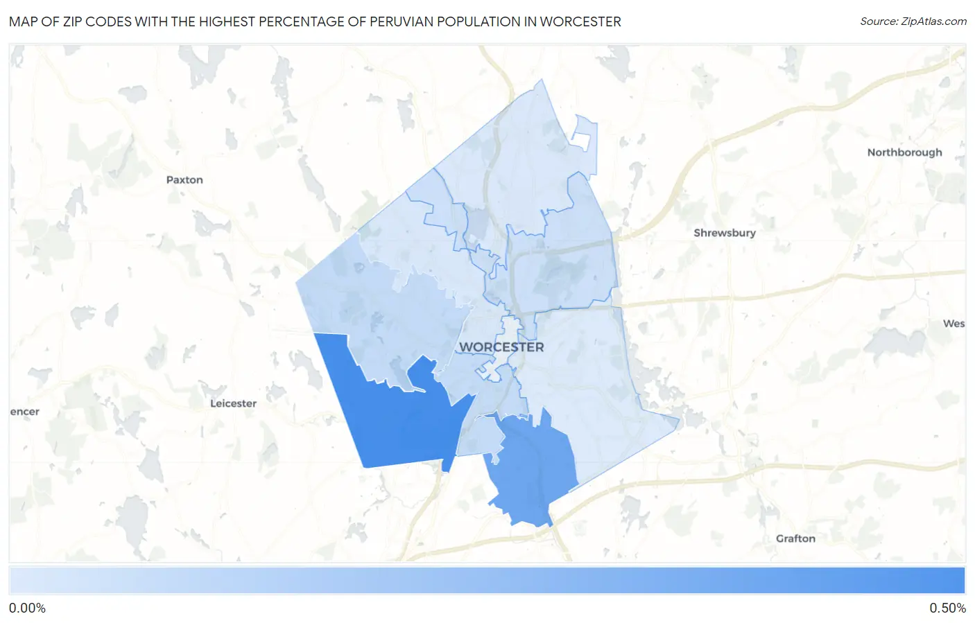Zip Codes with the Highest Percentage of Peruvian Population in Worcester Map