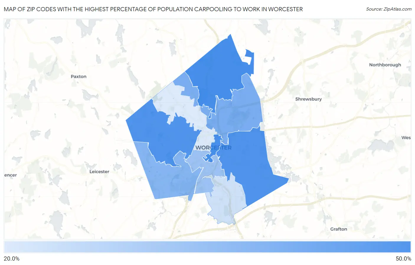 Zip Codes with the Highest Percentage of Population Carpooling to Work in Worcester Map