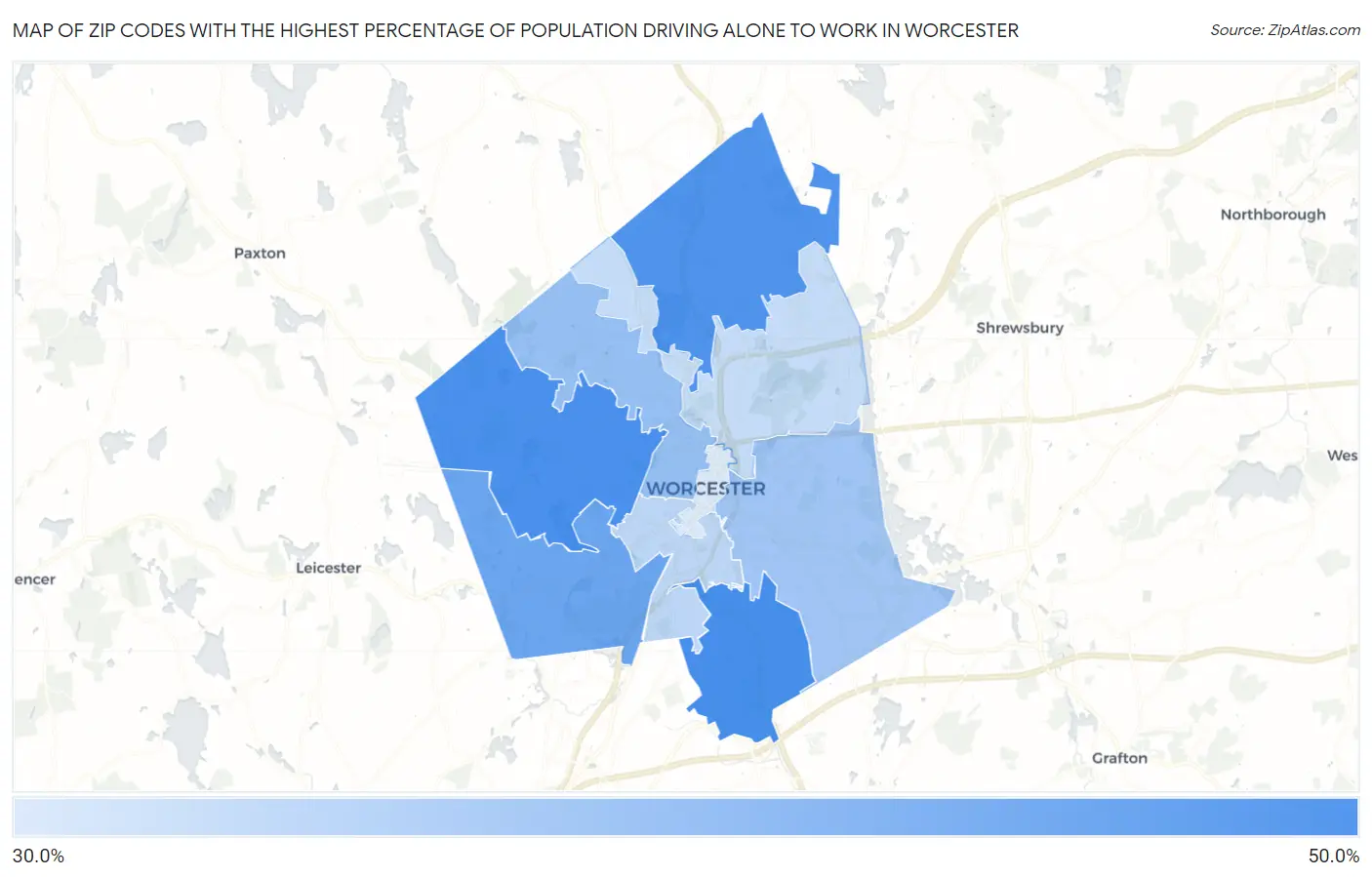 Zip Codes with the Highest Percentage of Population Driving Alone to Work in Worcester Map