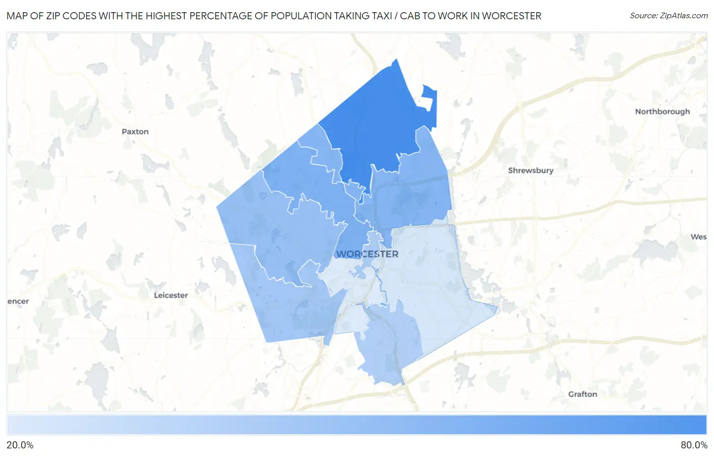 Zip Codes with the Highest Percentage of Population Taking Taxi / Cab to Work in Worcester Map