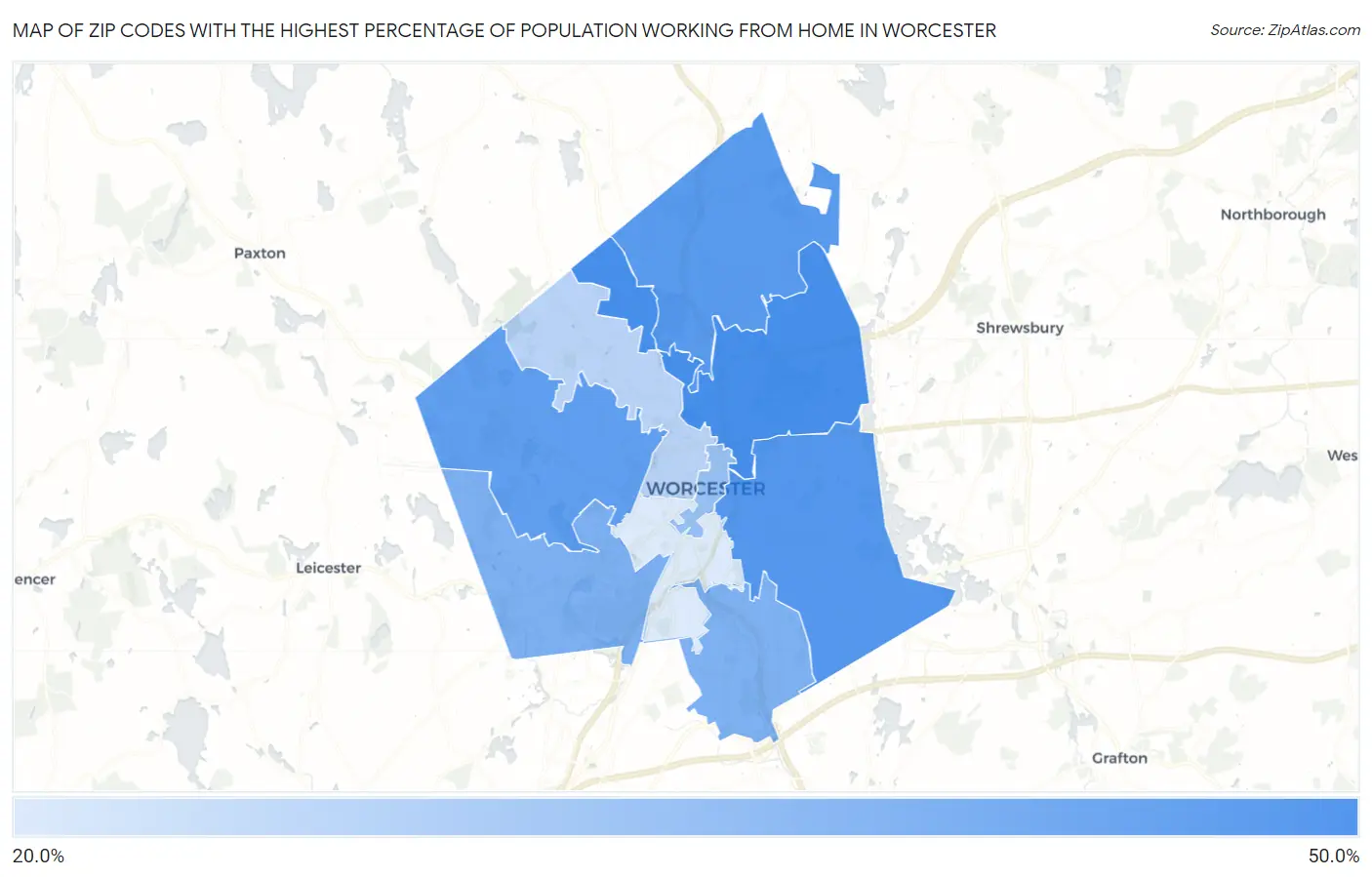 Zip Codes with the Highest Percentage of Population Working from Home in Worcester Map