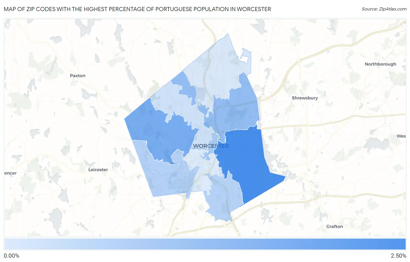 Zip Codes with the Highest Percentage of Portuguese Population in Worcester Map