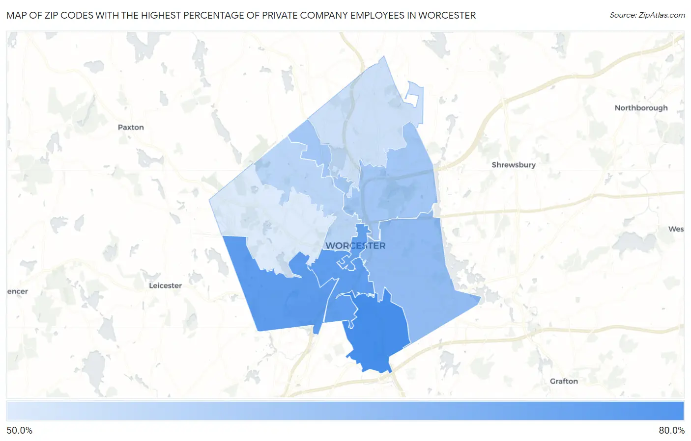 Zip Codes with the Highest Percentage of Private Company Employees in Worcester Map