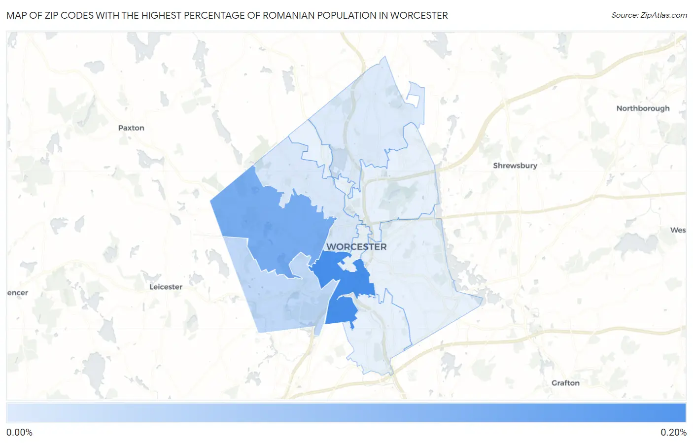 Zip Codes with the Highest Percentage of Romanian Population in Worcester Map