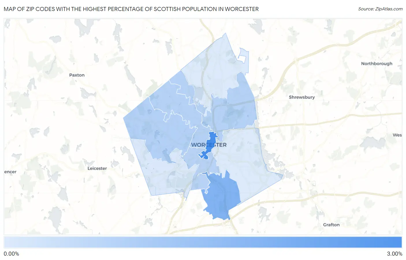 Zip Codes with the Highest Percentage of Scottish Population in Worcester Map
