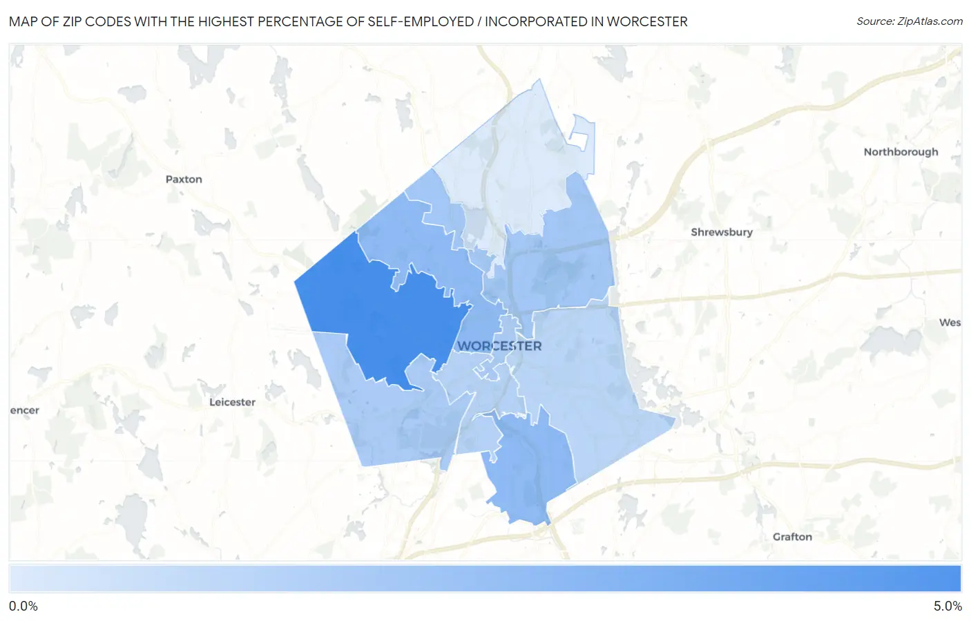 Zip Codes with the Highest Percentage of Self-Employed / Incorporated in Worcester Map