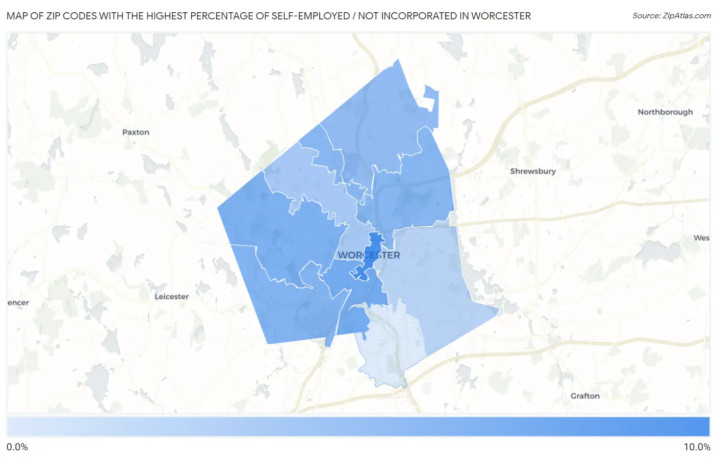 Zip Codes with the Highest Percentage of Self-Employed / Not Incorporated in Worcester Map