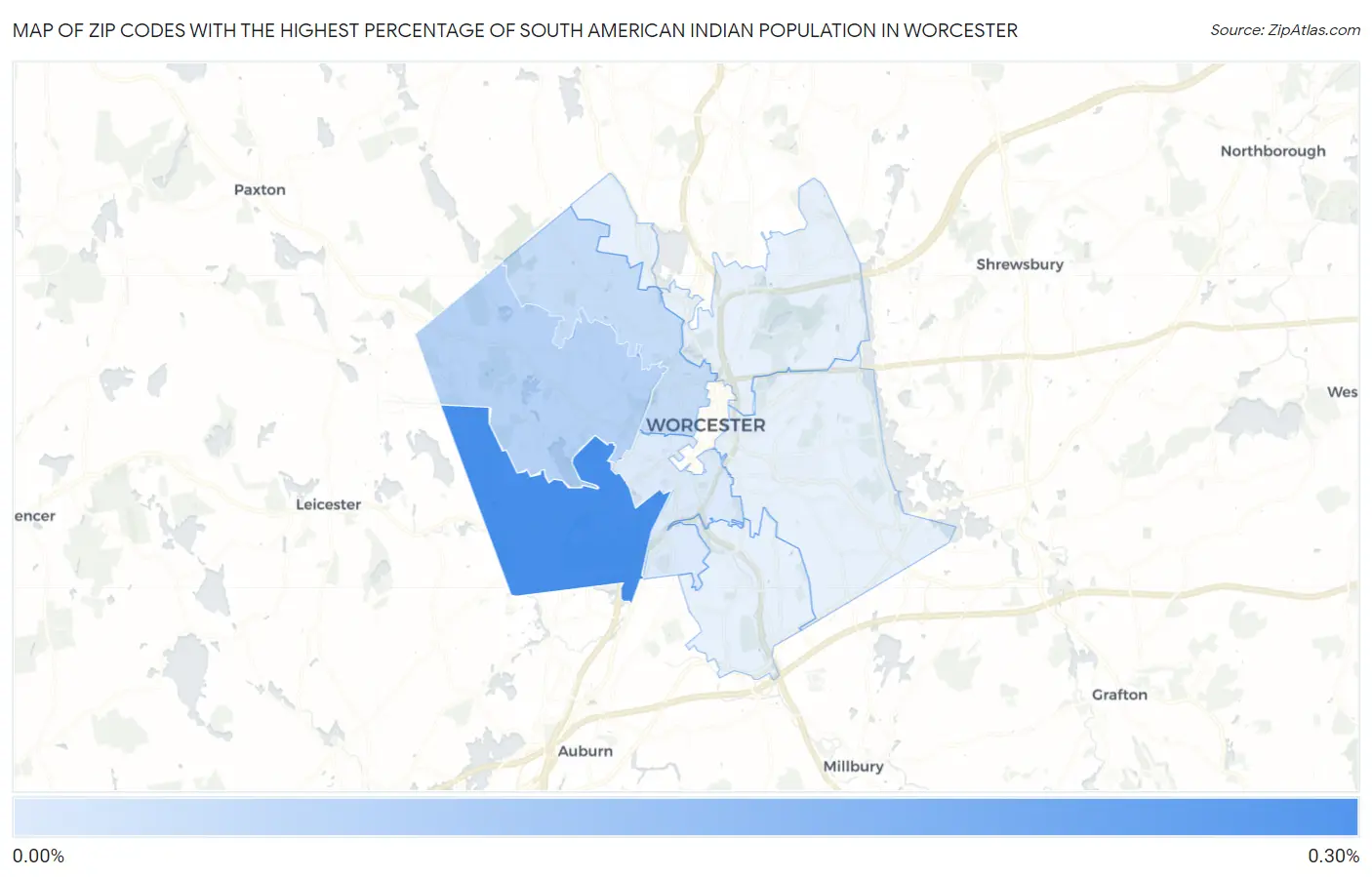 Zip Codes with the Highest Percentage of South American Indian Population in Worcester Map
