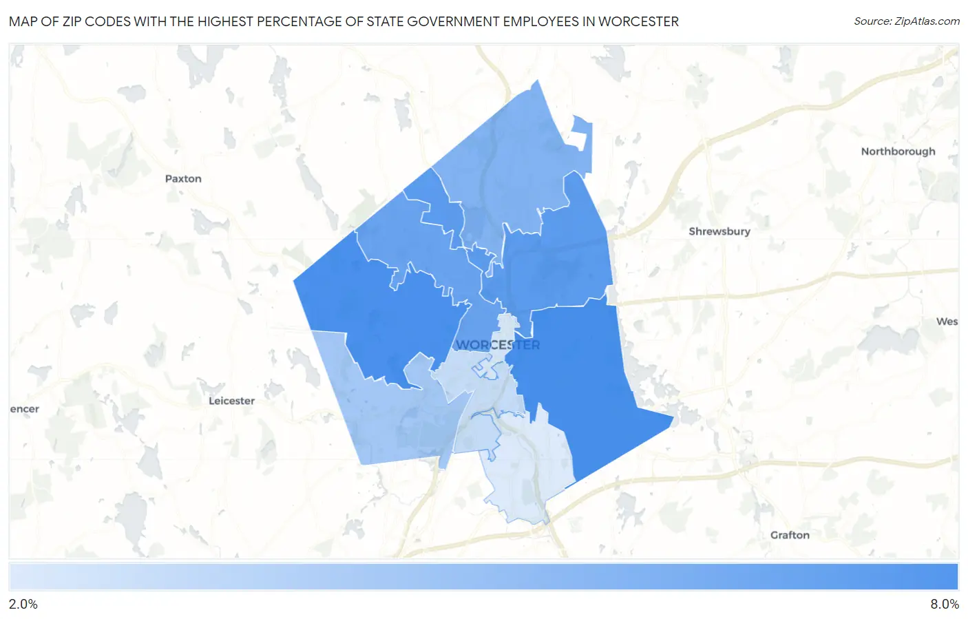 Zip Codes with the Highest Percentage of State Government Employees in Worcester Map