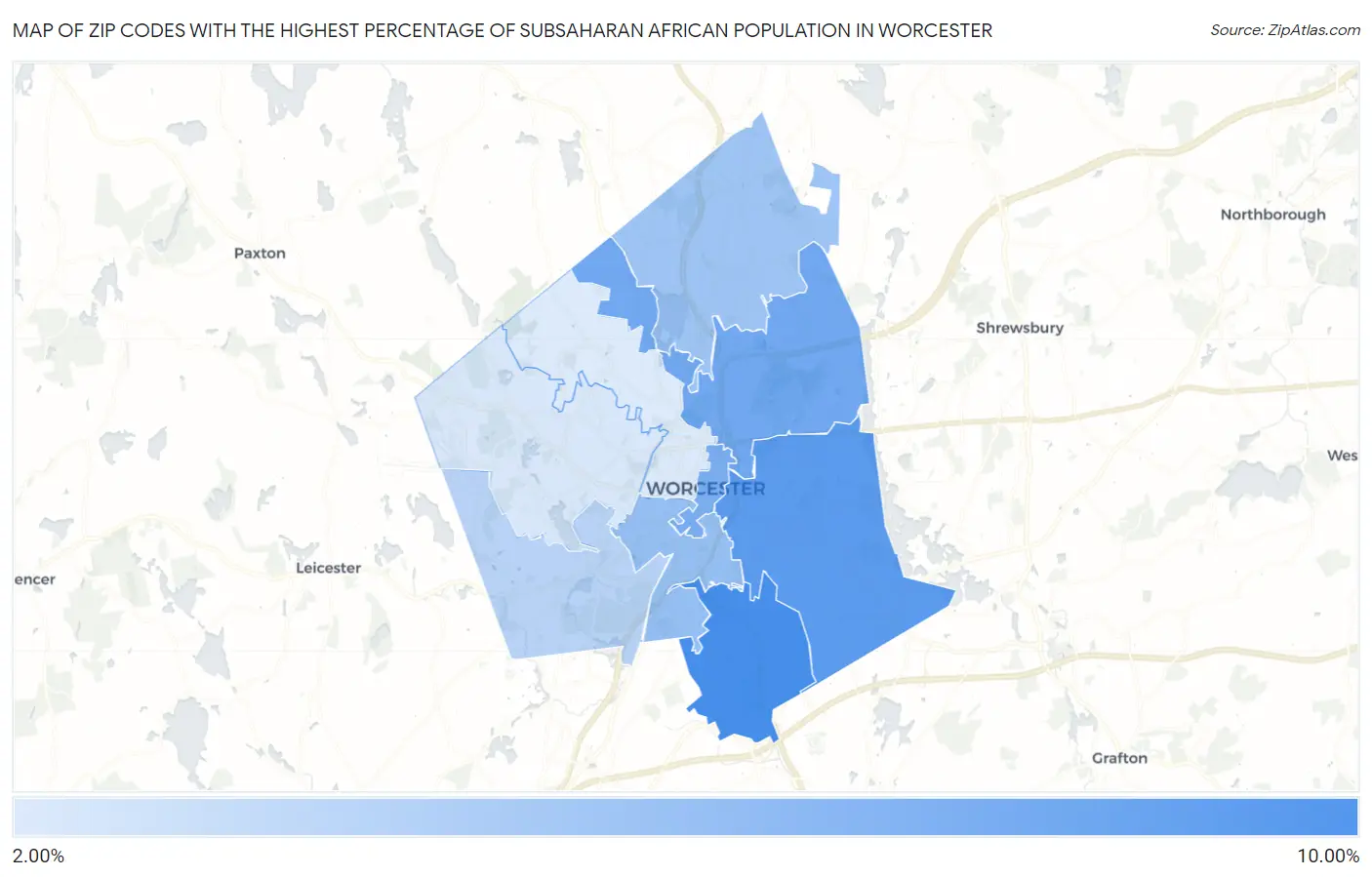 Zip Codes with the Highest Percentage of Subsaharan African Population in Worcester Map