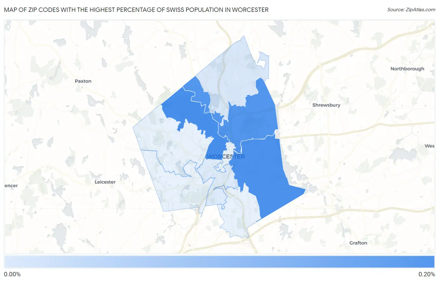 Zip Codes with the Highest Percentage of Swiss Population in Worcester Map