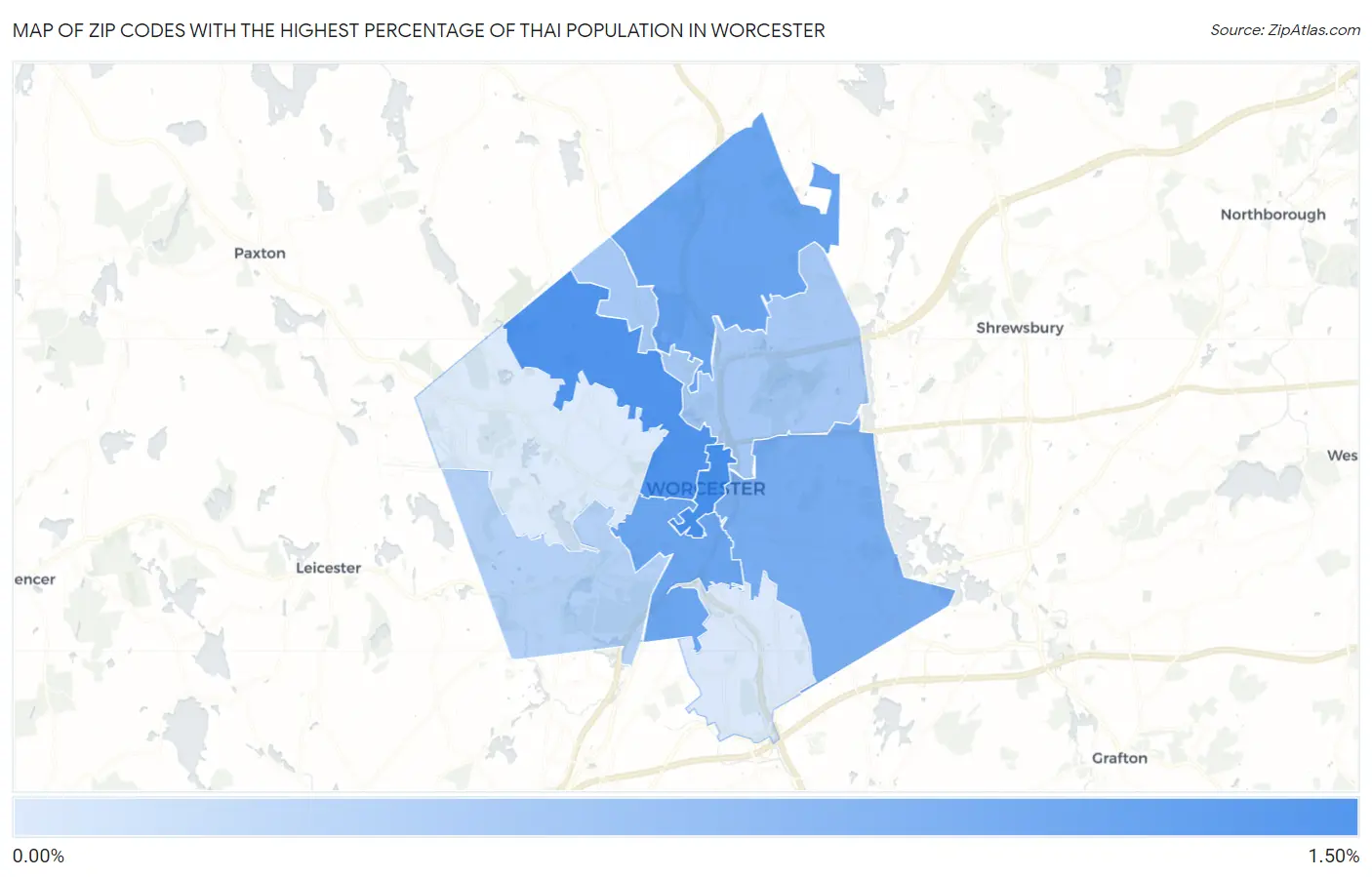 Zip Codes with the Highest Percentage of Thai Population in Worcester Map