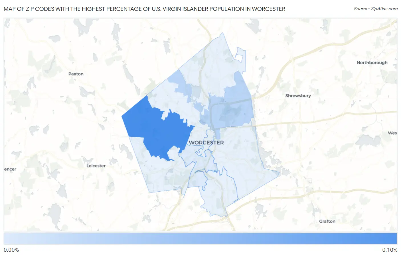 Zip Codes with the Highest Percentage of U.S. Virgin Islander Population in Worcester Map