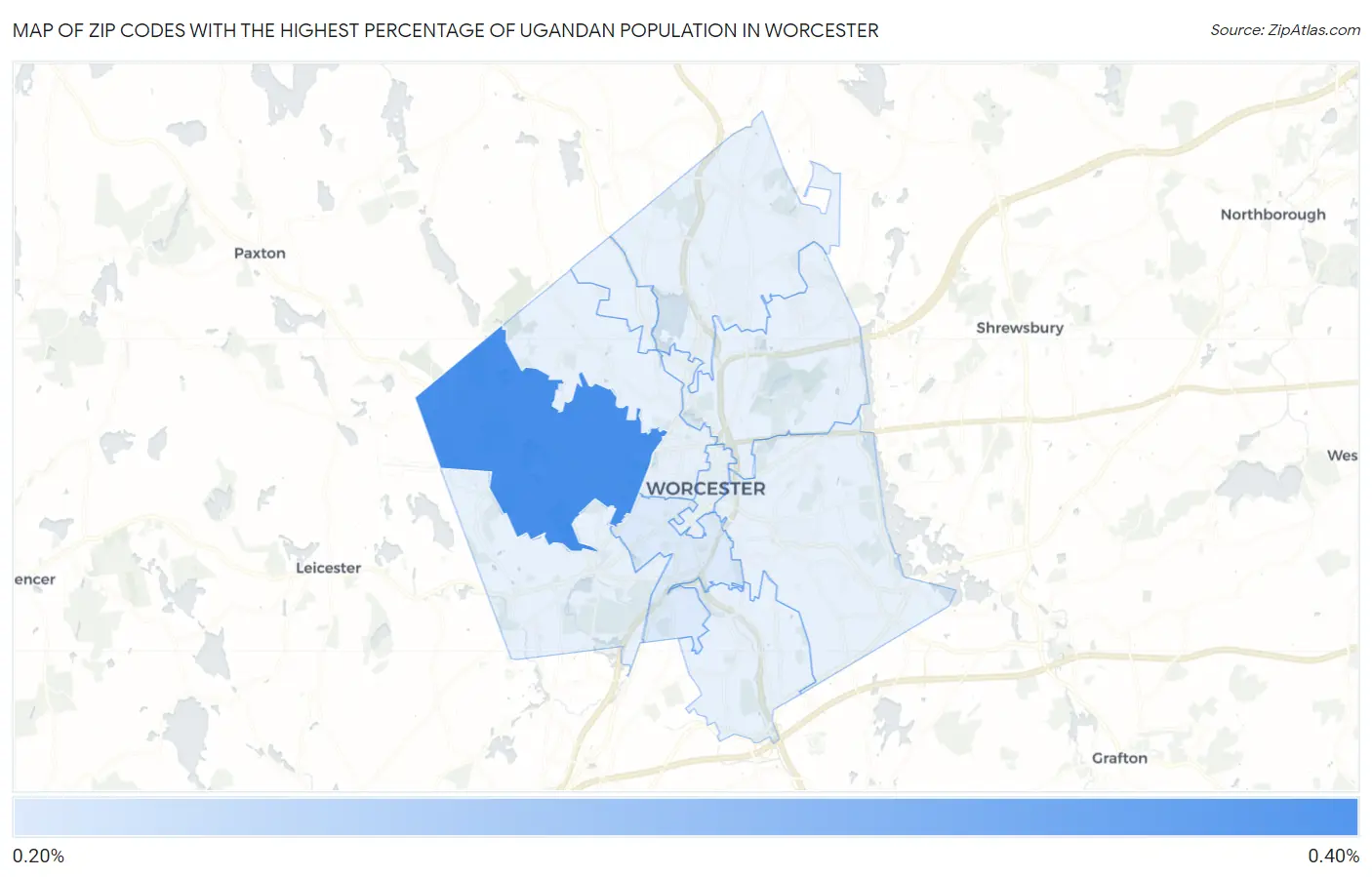 Zip Codes with the Highest Percentage of Ugandan Population in Worcester Map