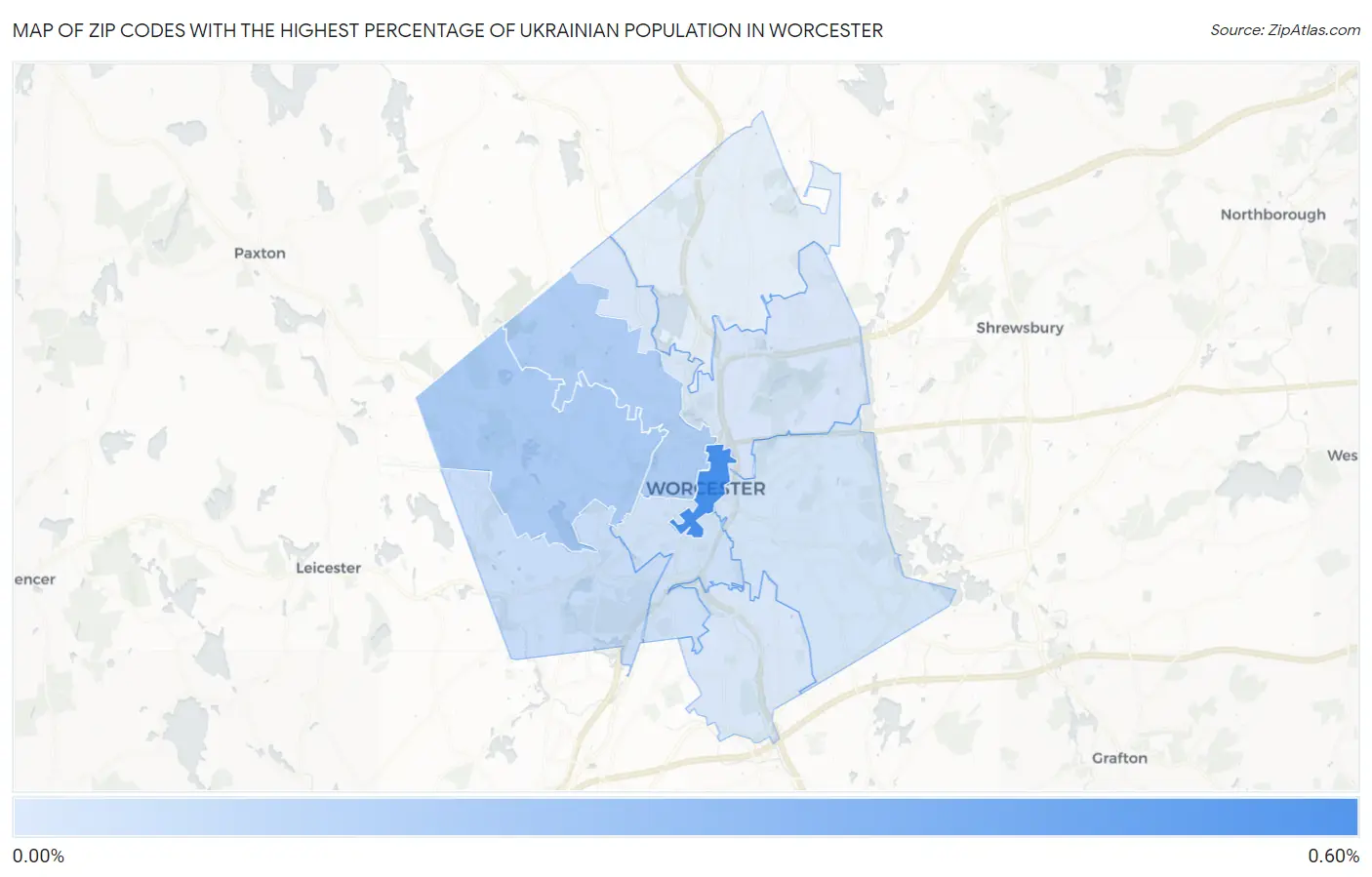 Zip Codes with the Highest Percentage of Ukrainian Population in Worcester Map
