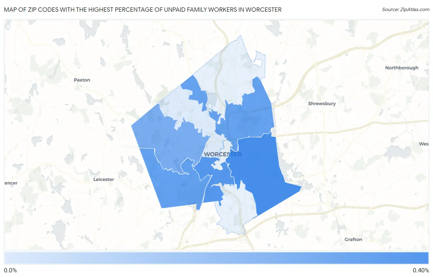Zip Codes with the Highest Percentage of Unpaid Family Workers in Worcester Map