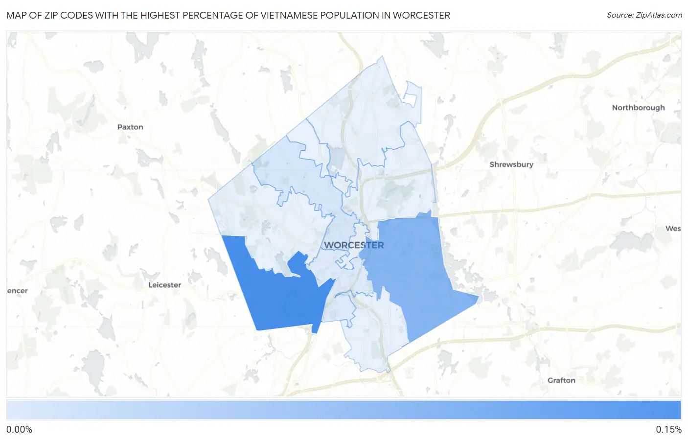 Zip Codes with the Highest Percentage of Vietnamese Population in Worcester Map