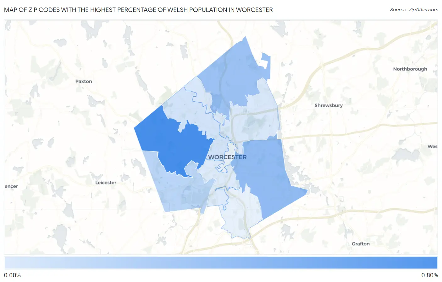 Zip Codes with the Highest Percentage of Welsh Population in Worcester Map