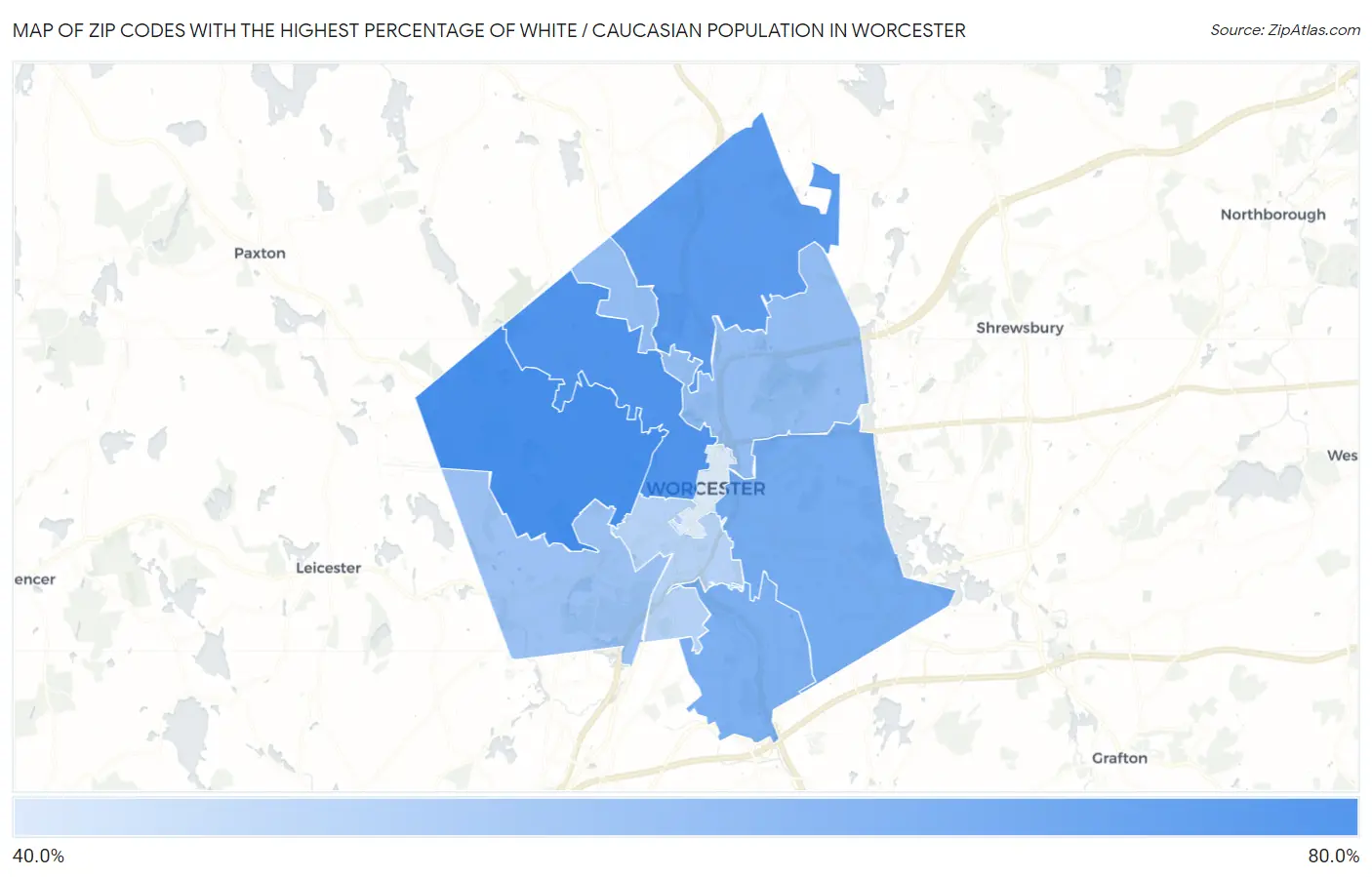 Zip Codes with the Highest Percentage of White / Caucasian Population in Worcester Map