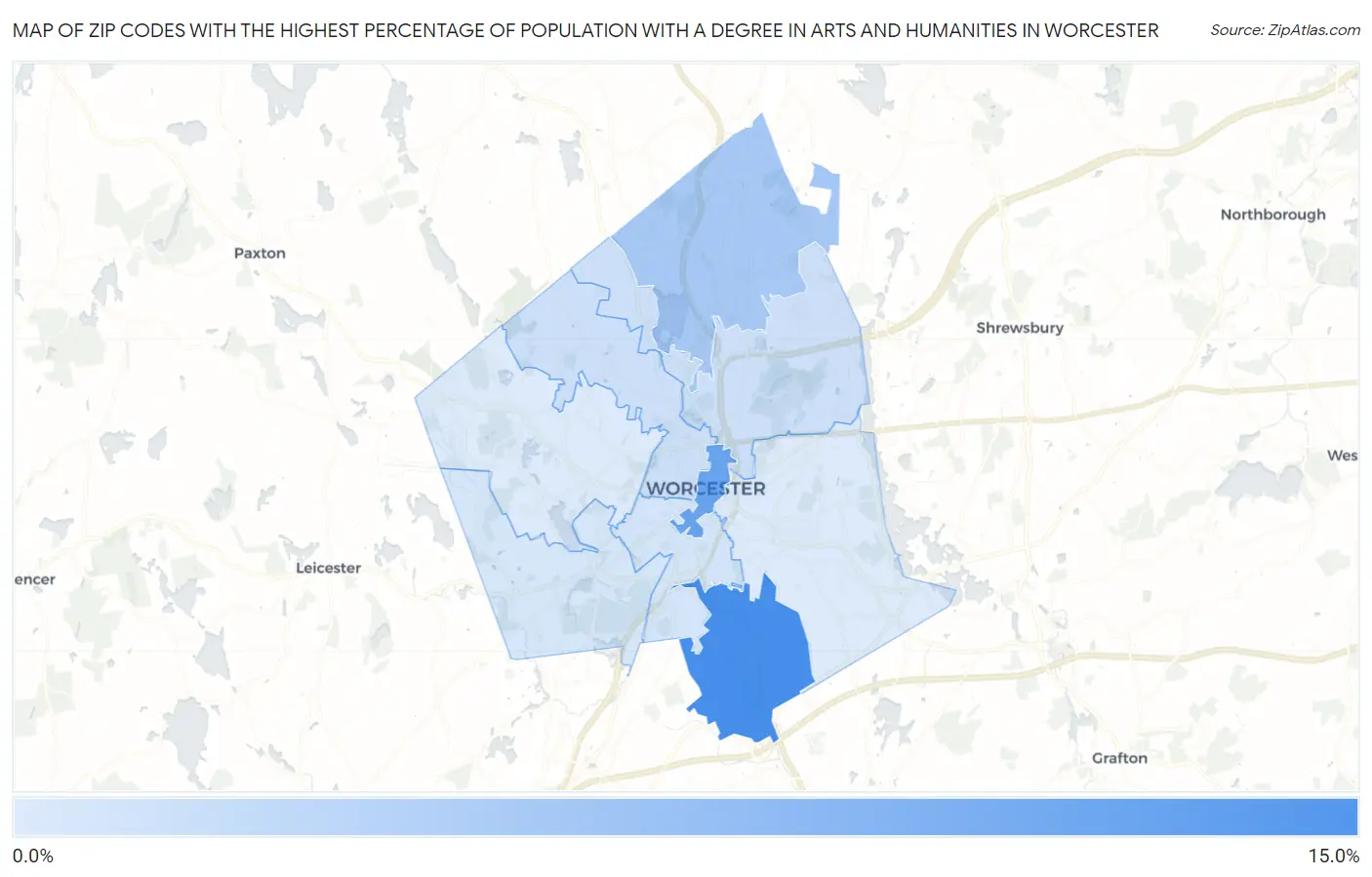 Zip Codes with the Highest Percentage of Population with a Degree in Arts and Humanities in Worcester Map