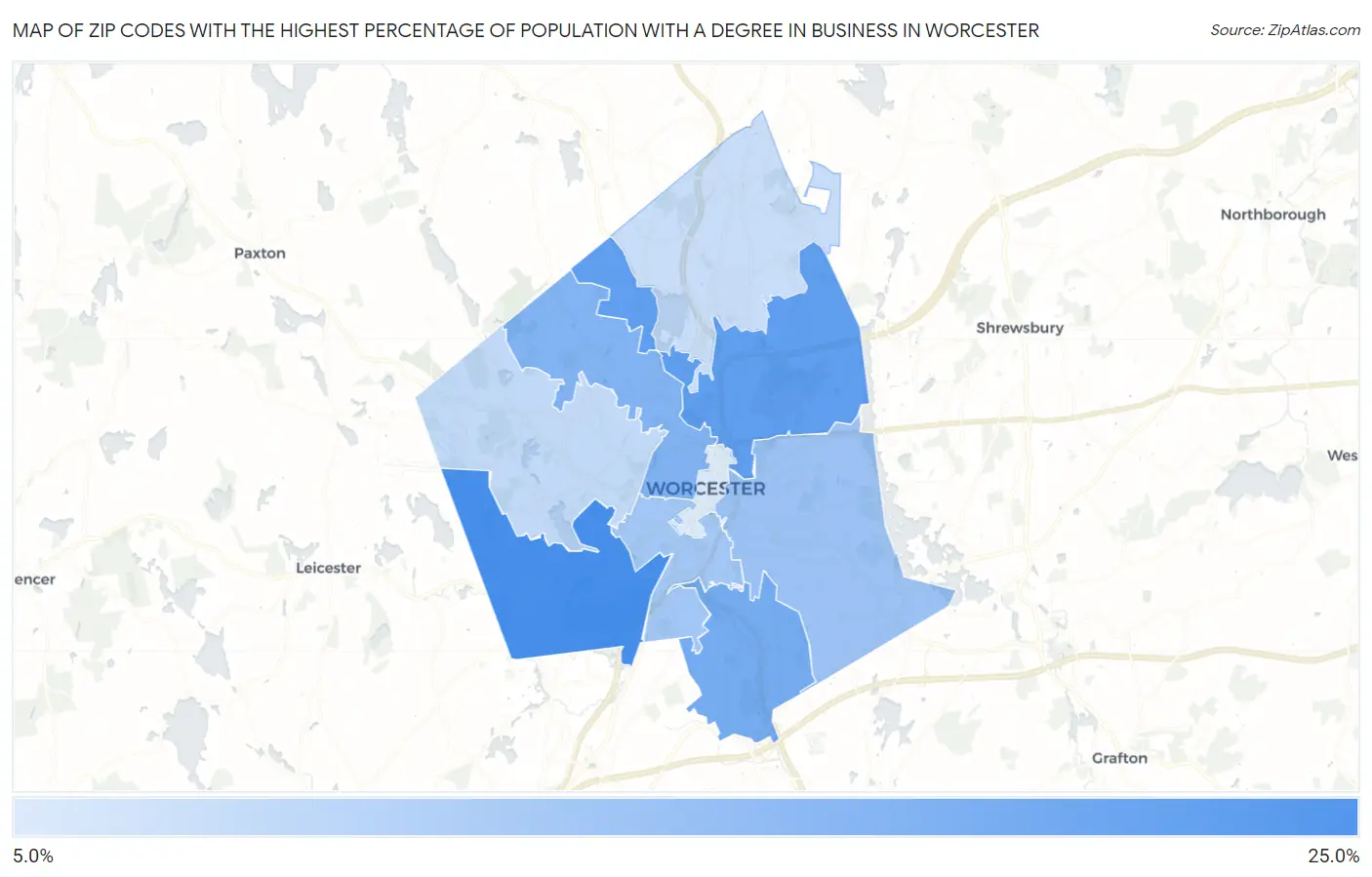 Zip Codes with the Highest Percentage of Population with a Degree in Business in Worcester Map
