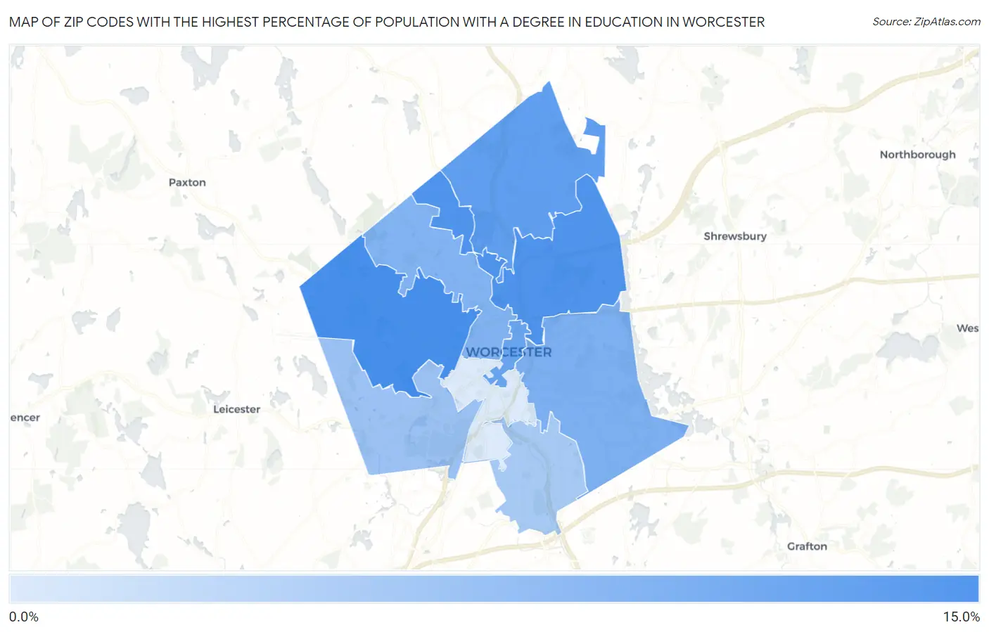 Zip Codes with the Highest Percentage of Population with a Degree in Education in Worcester Map