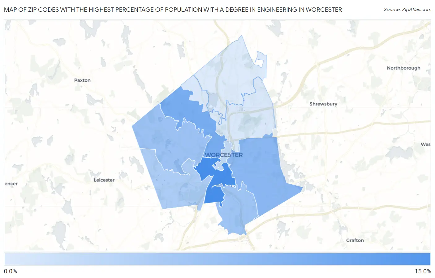 Zip Codes with the Highest Percentage of Population with a Degree in Engineering in Worcester Map