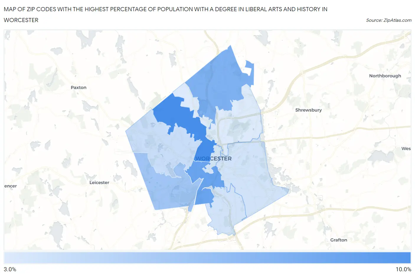 Zip Codes with the Highest Percentage of Population with a Degree in Liberal Arts and History in Worcester Map