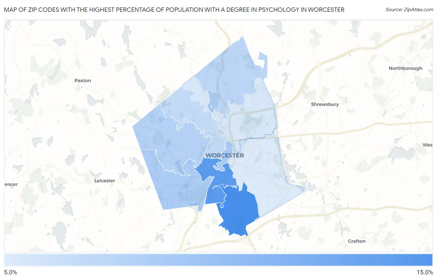 Zip Codes with the Highest Percentage of Population with a Degree in Psychology in Worcester Map