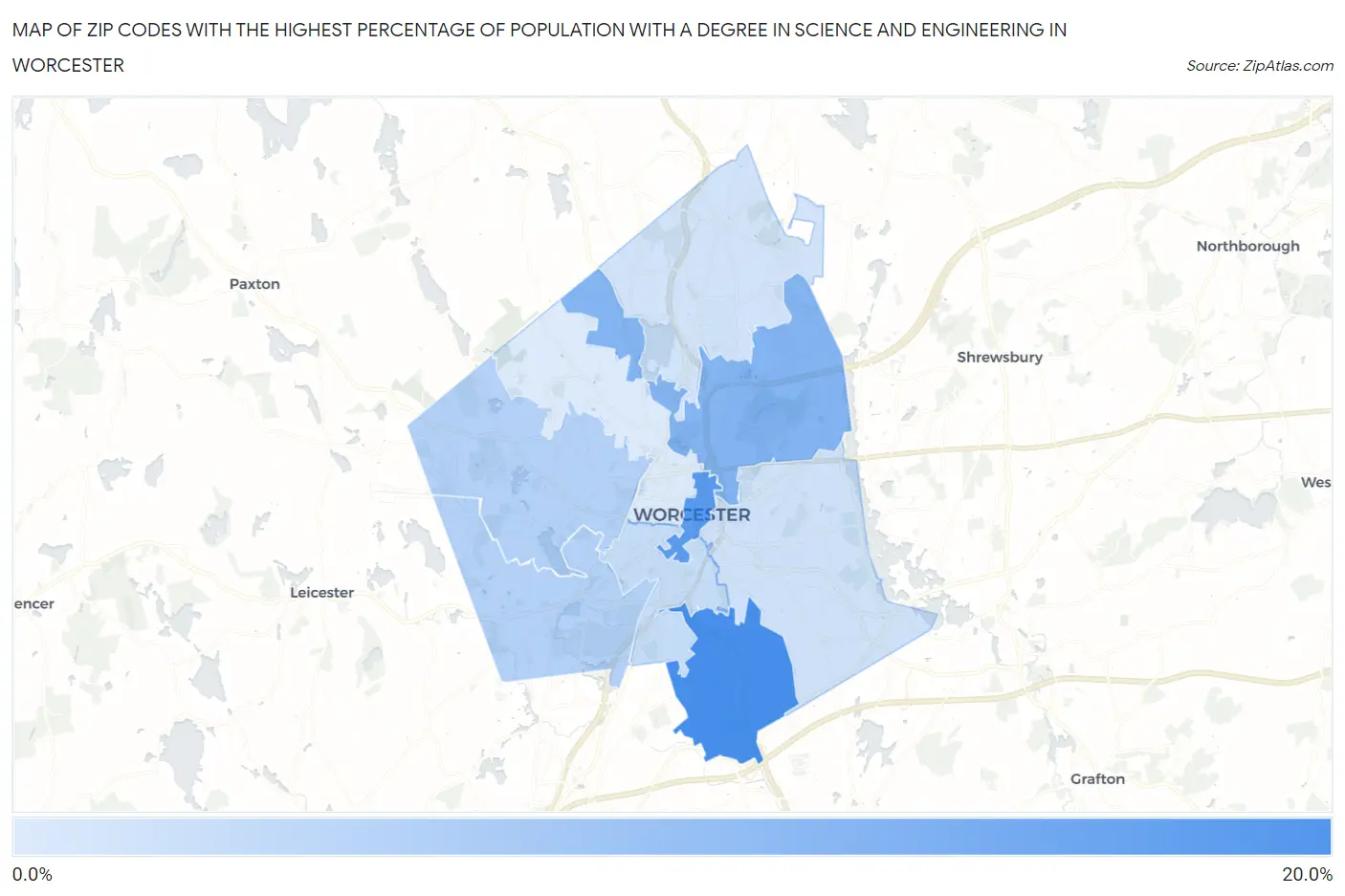 Zip Codes with the Highest Percentage of Population with a Degree in Science and Engineering in Worcester Map