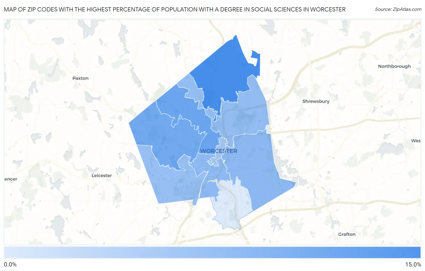 Zip Codes with the Highest Percentage of Population with a Degree in Social Sciences in Worcester Map