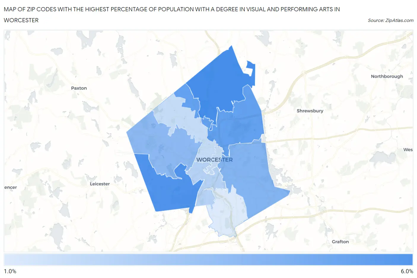 Zip Codes with the Highest Percentage of Population with a Degree in Visual and Performing Arts in Worcester Map