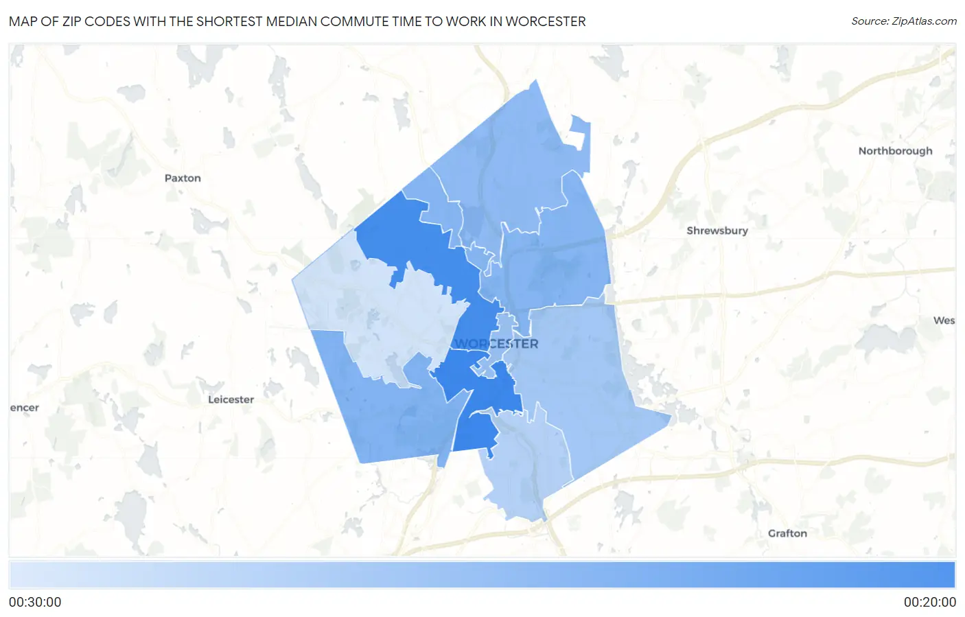 Zip Codes with the Shortest Median Commute Time to Work in Worcester Map