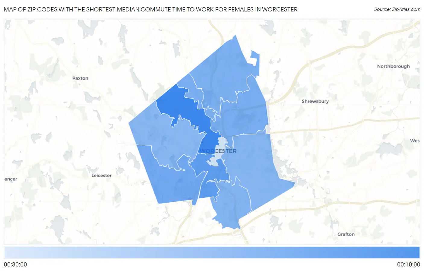 Zip Codes with the Shortest Median Commute Time to Work for Females in Worcester Map