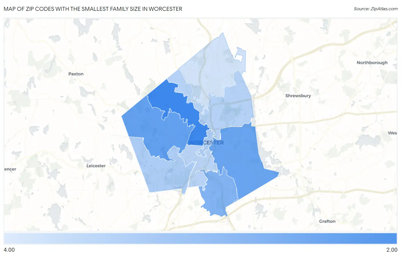 Zip Codes with the Smallest Family Size in Worcester Map