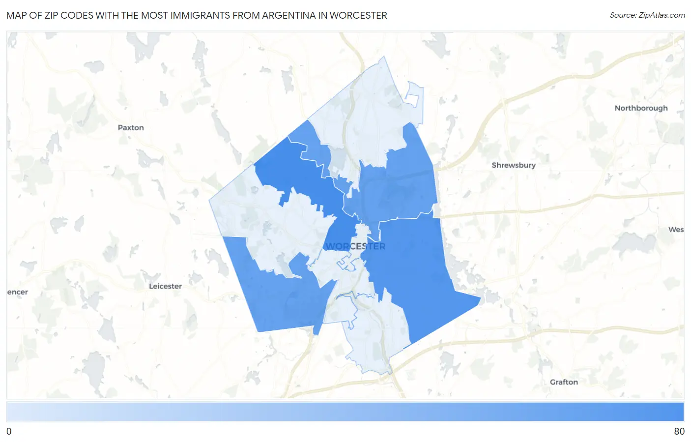 Zip Codes with the Most Immigrants from Argentina in Worcester Map