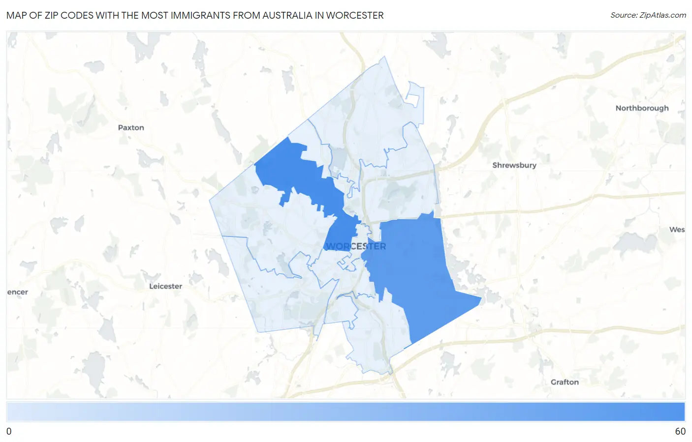 Zip Codes with the Most Immigrants from Australia in Worcester Map