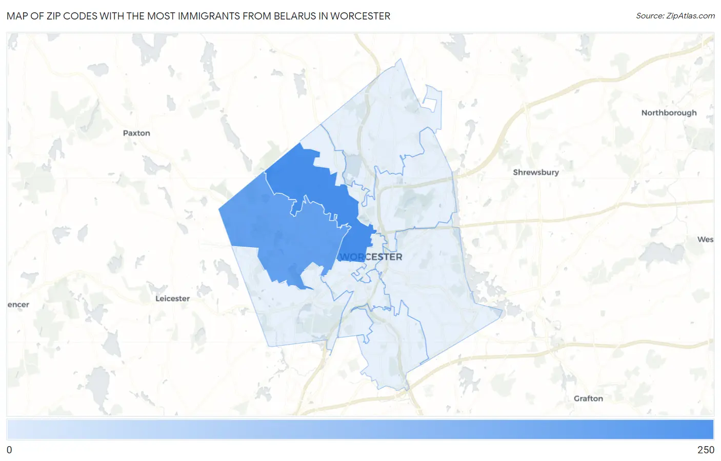 Zip Codes with the Most Immigrants from Belarus in Worcester Map