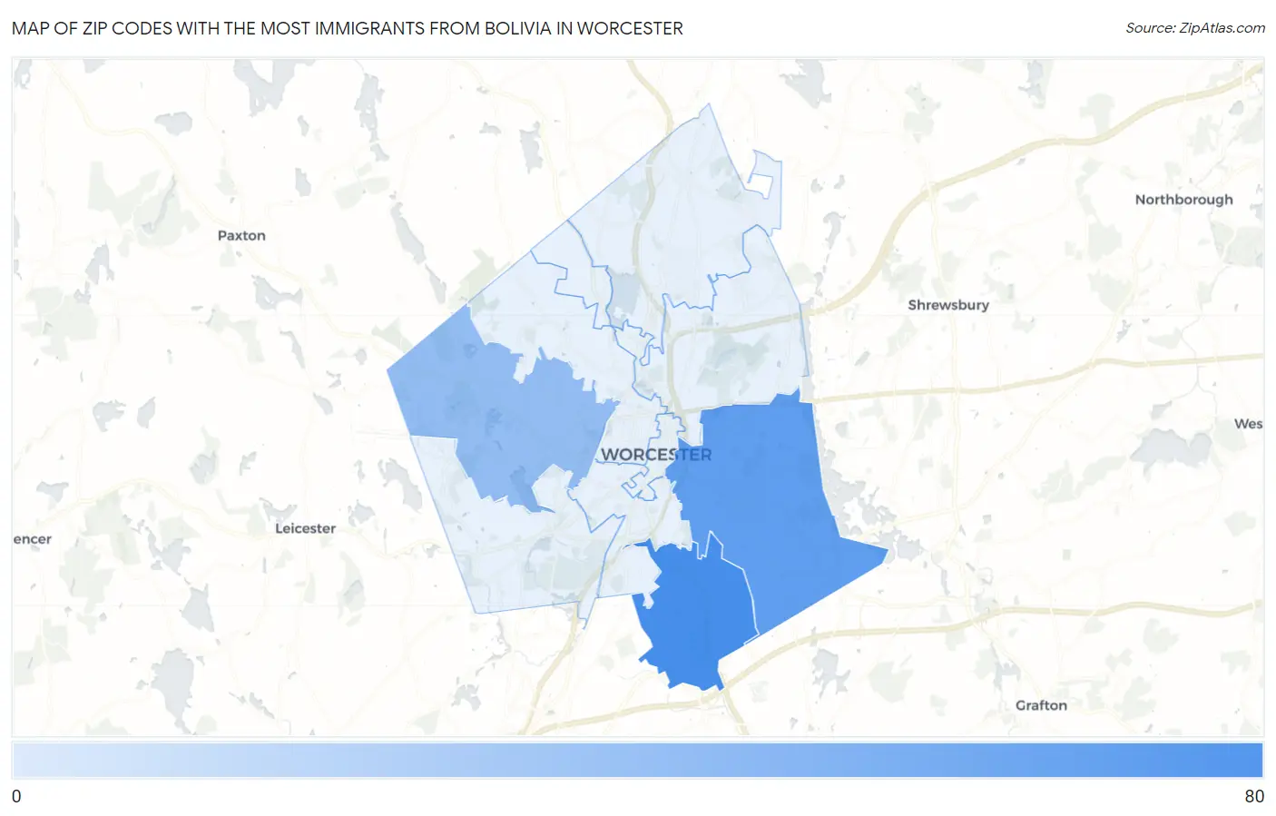 Zip Codes with the Most Immigrants from Bolivia in Worcester Map