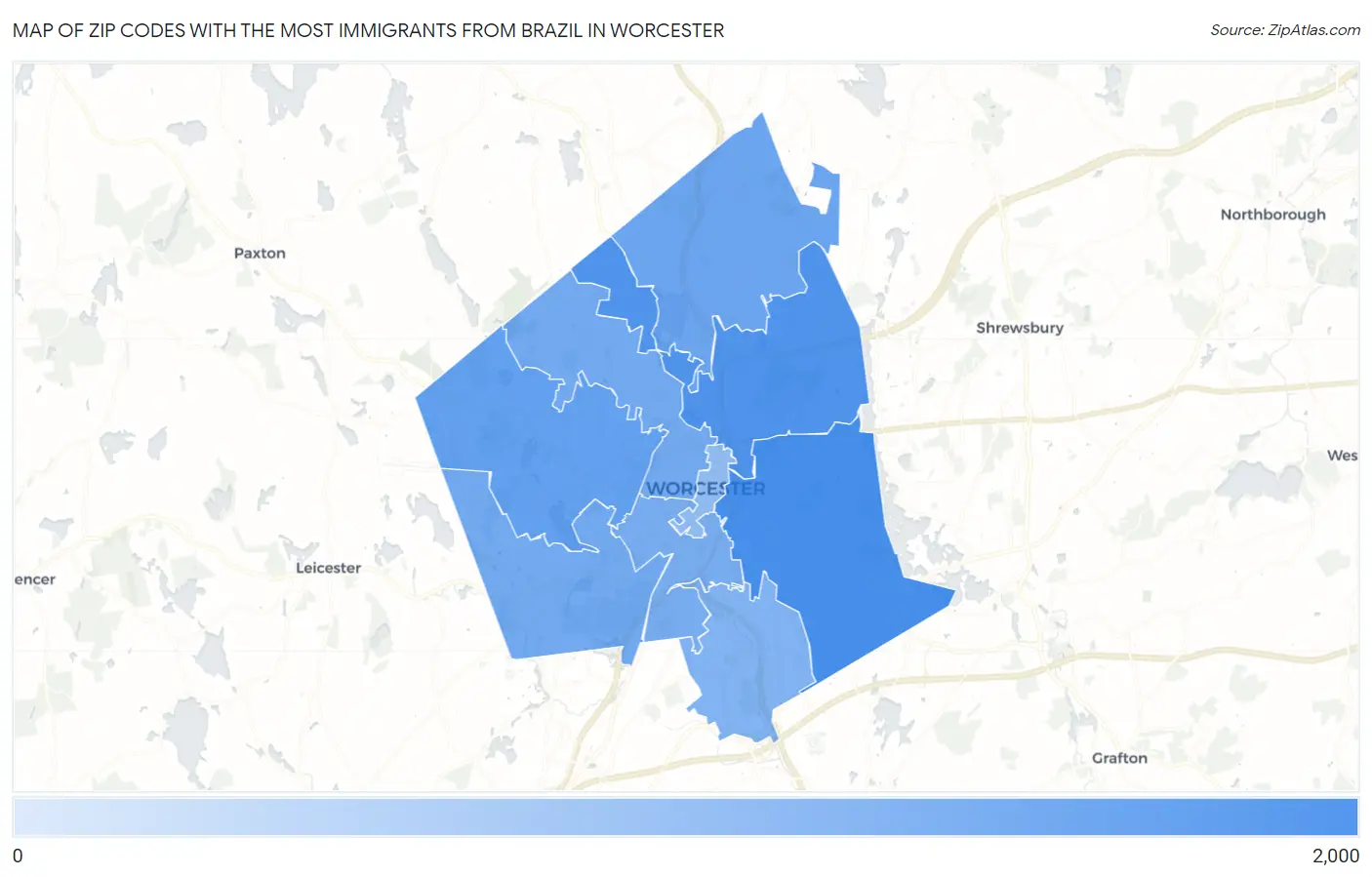 Zip Codes with the Most Immigrants from Brazil in Worcester Map