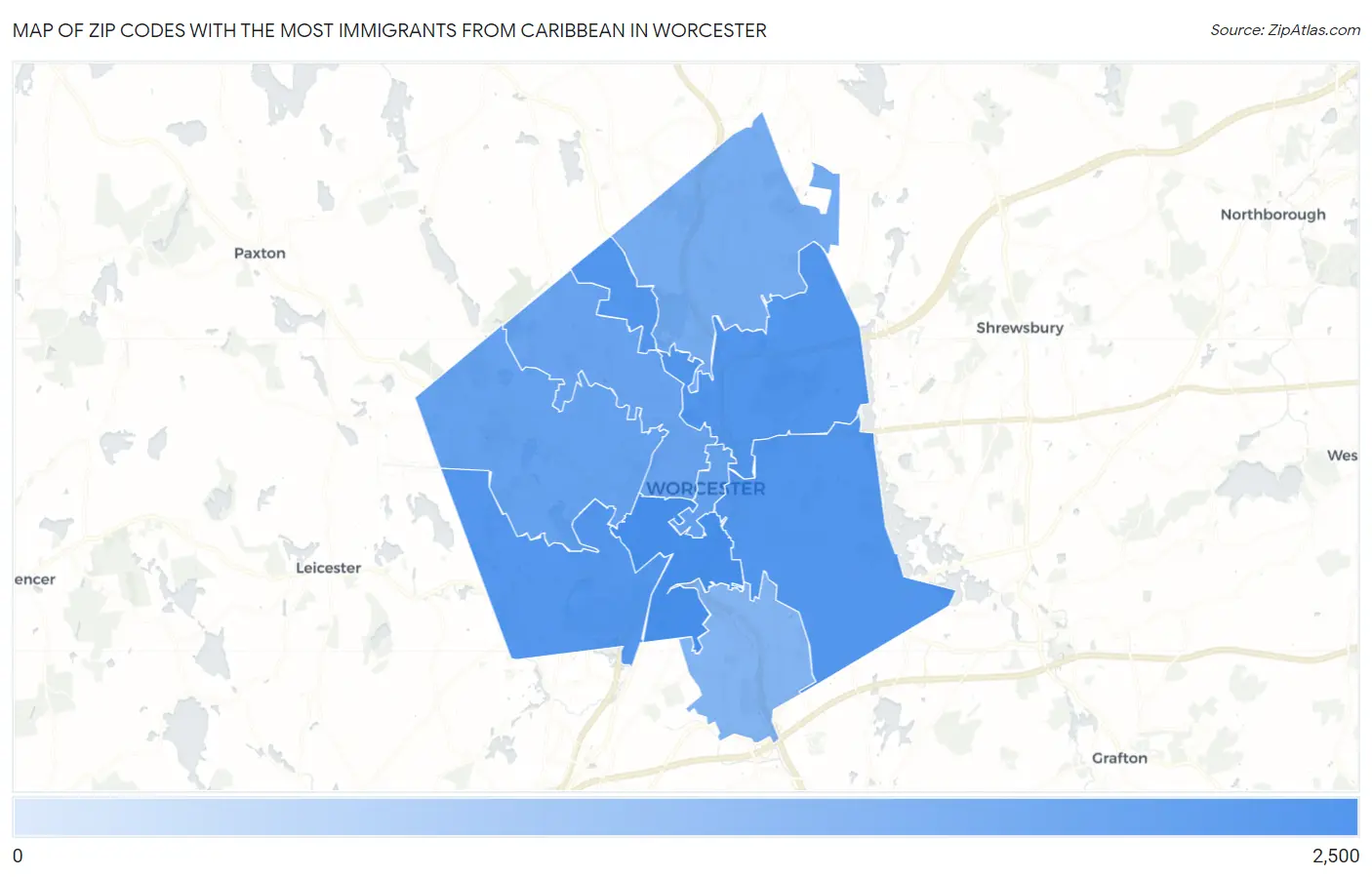 Zip Codes with the Most Immigrants from Caribbean in Worcester Map