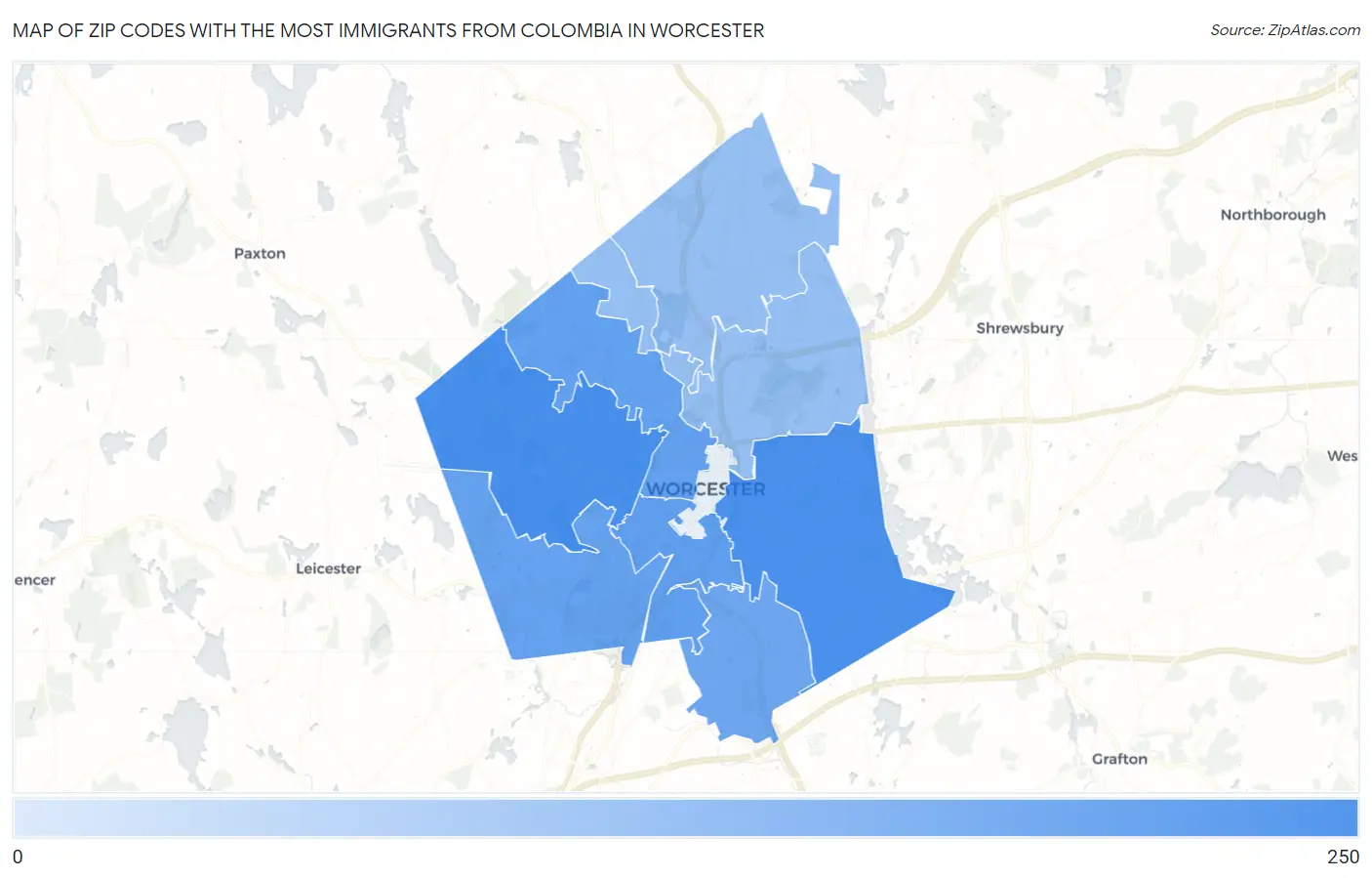 Zip Codes with the Most Immigrants from Colombia in Worcester Map