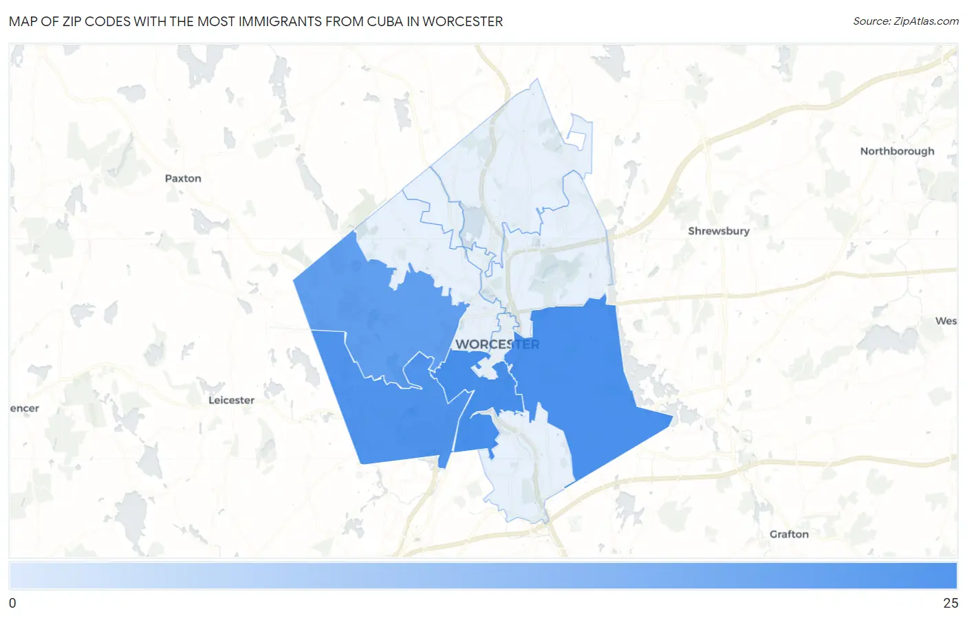 Zip Codes with the Most Immigrants from Cuba in Worcester Map