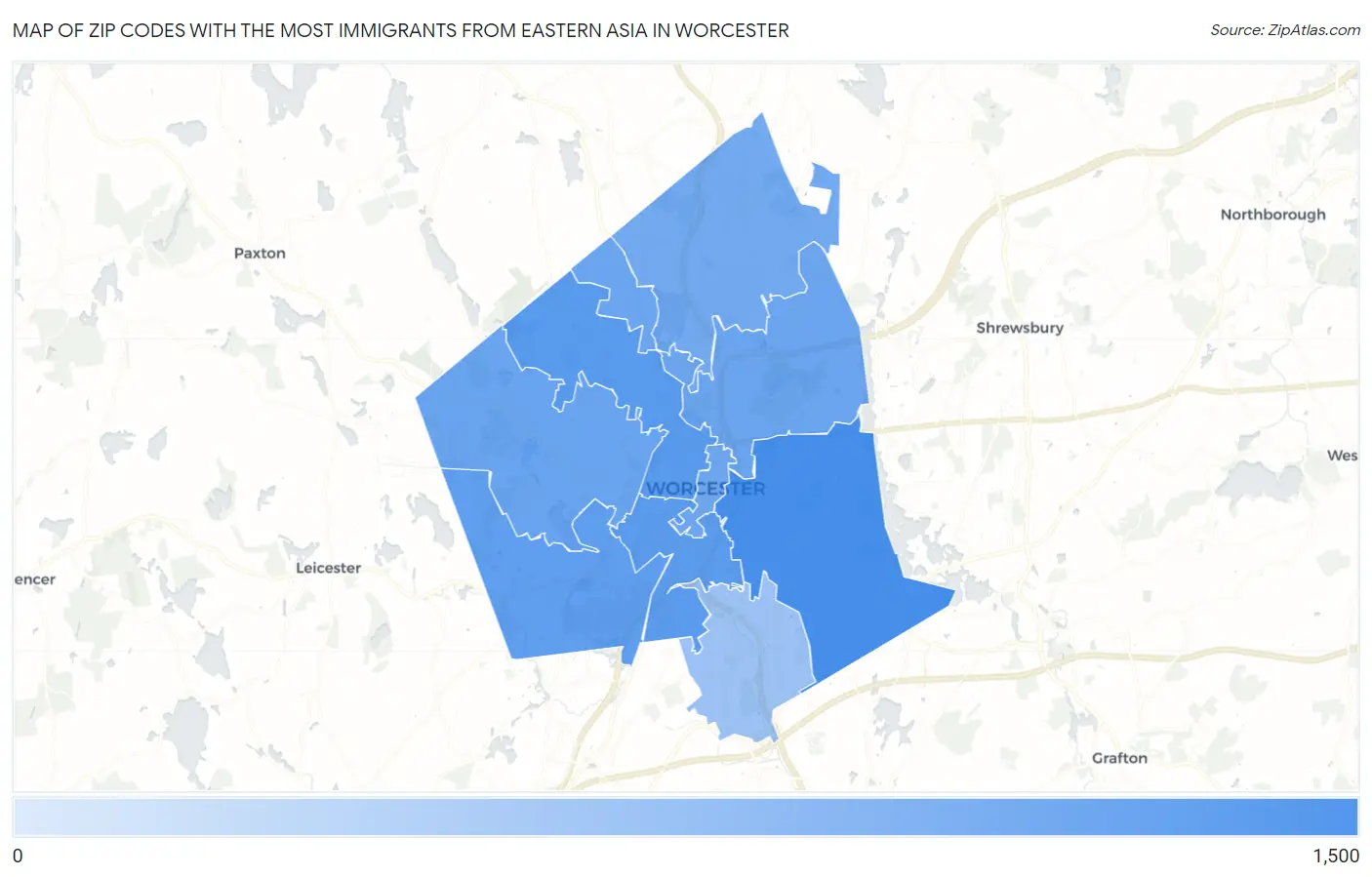 Zip Codes with the Most Immigrants from Eastern Asia in Worcester Map