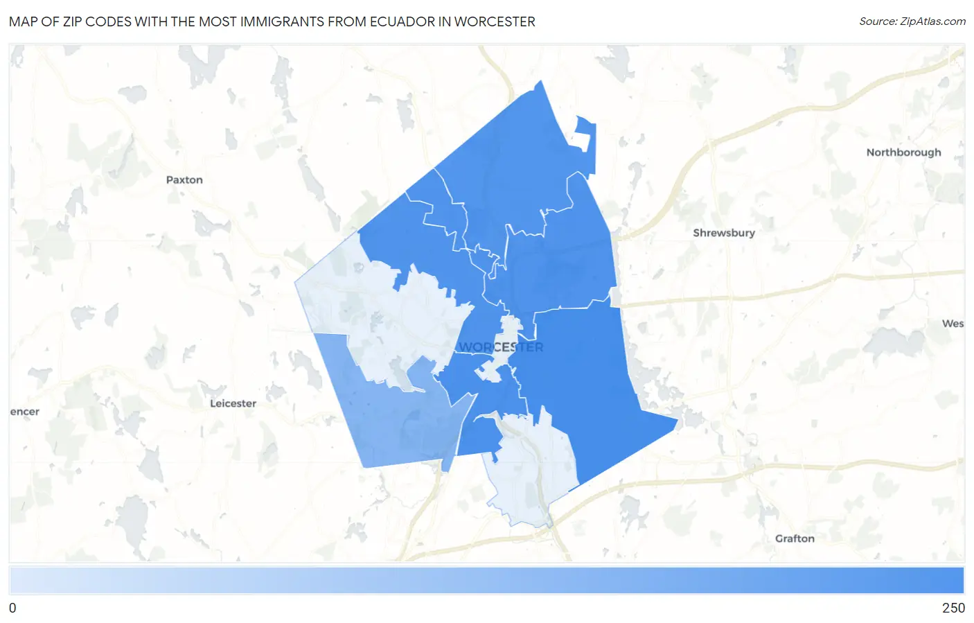 Zip Codes with the Most Immigrants from Ecuador in Worcester Map