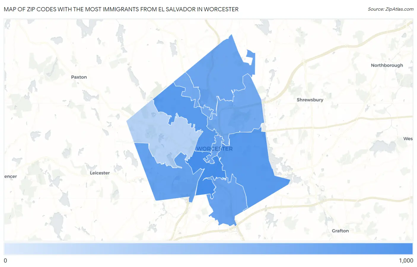 Zip Codes with the Most Immigrants from El Salvador in Worcester Map